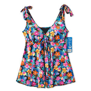 Fit 4 U Swim Dress Babydoll V Neck Tie Shoulder Floral Purple Size 20W